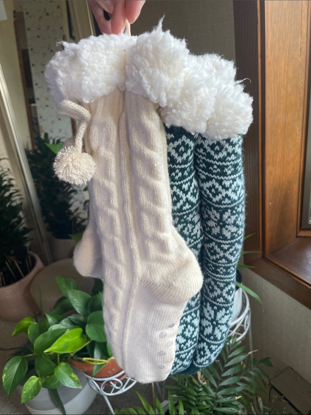 Cozy Fleece-Lined Winter Socks/ House Slippers - Cream & Forest Green NWT